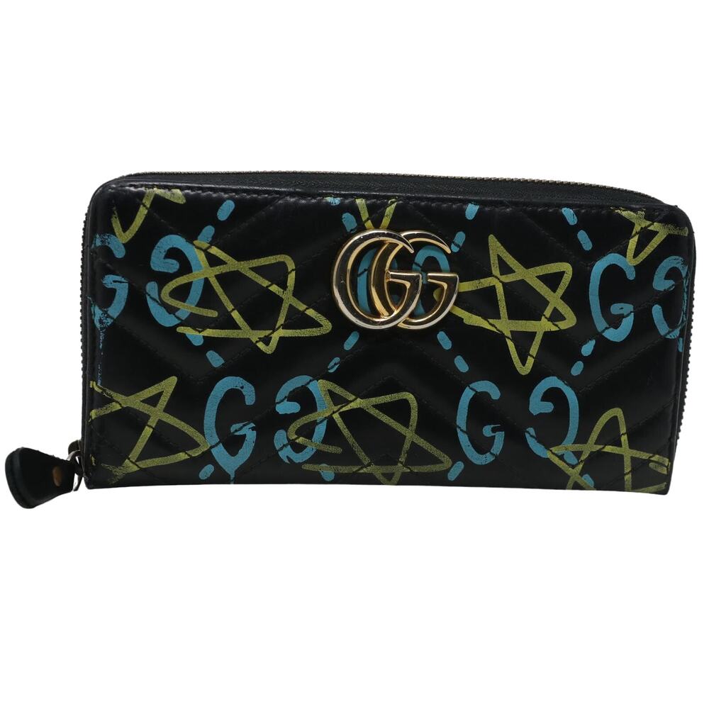 Gucci Marmount Ghost Blue Star Graffiti Zip Around Wallet GG-W1213P-C005